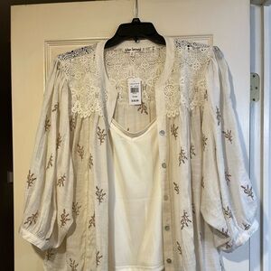 Hope Springs Lace Embroidered Blouse - Cream and Brown. Attached camisole.